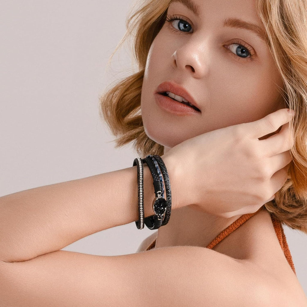 Boho Leather Wrap Bracelet Stackable Chunky Crystal Cuff Bracelets Western Jewelry Summer Beach Outfits for Women