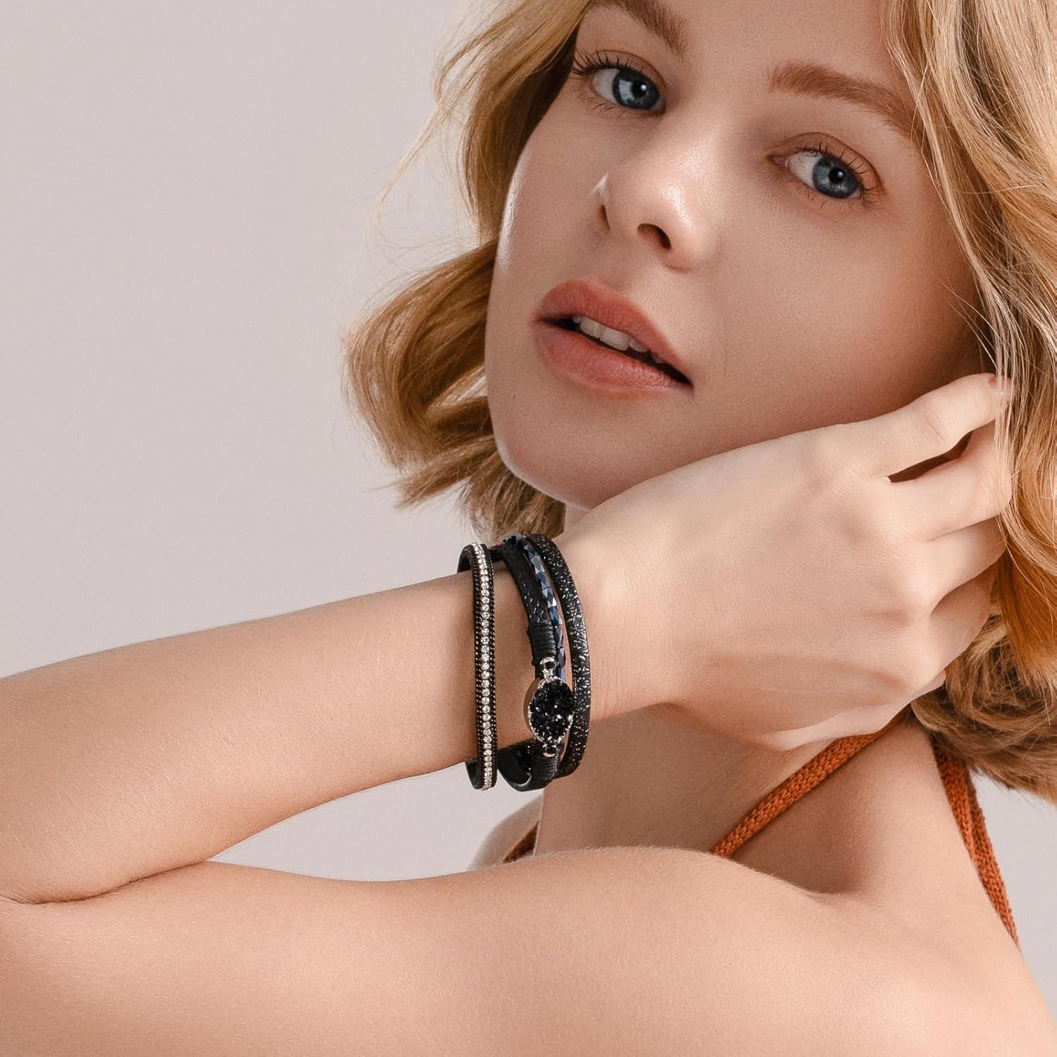 Boho Leather Wrap Bracelet Stackable Chunky Crystal Cuff Bracelets Western Jewelry Summer Beach Outfits for Women