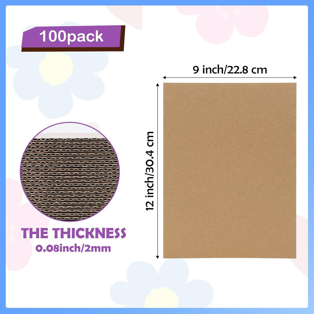 100 Pack 9x12 Corrugated Cardboard Sheets, Flat Cardboard Inserts for Shipping, Mailing, Packing, DIY Crafts