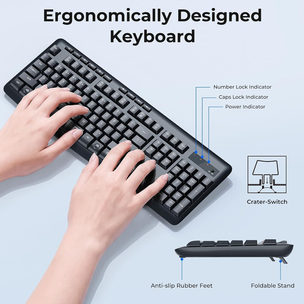 Wireless Keyboard and Mouse Combo, 2.4G Full-Sized Ergonomic Computer Keyboard and 5 Level DPI Adjustable Wireless
