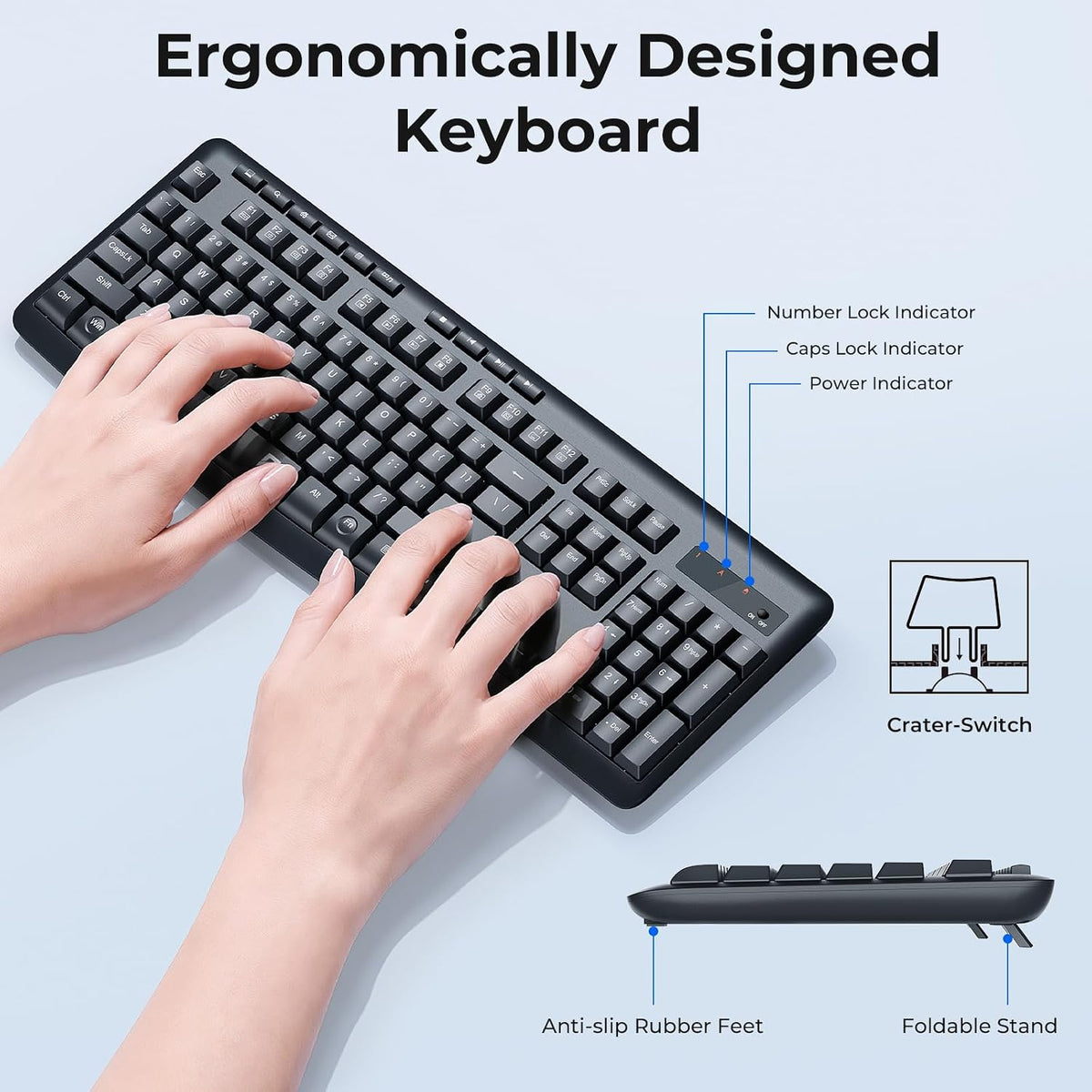 Wireless Keyboard and Mouse Combo, 2.4G Full-Sized Ergonomic Computer Keyboard and 5 Level DPI Adjustable Wireless