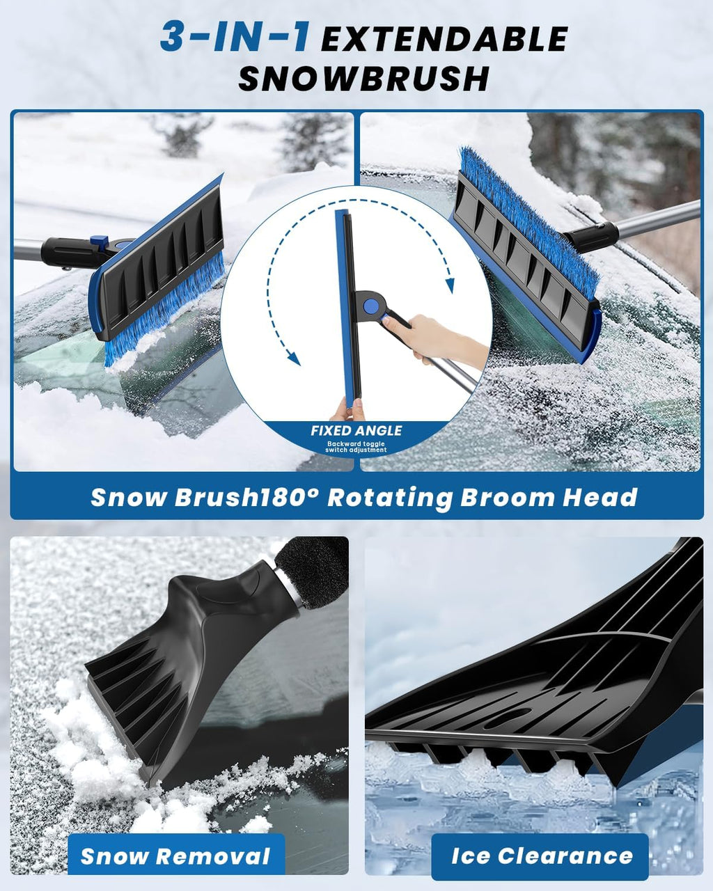 55.7" Snow Brush and Ice Scrapers for Car Windshield, Blue | Extra Long, Multi-Functional Detachable, Foam Grip, 270°