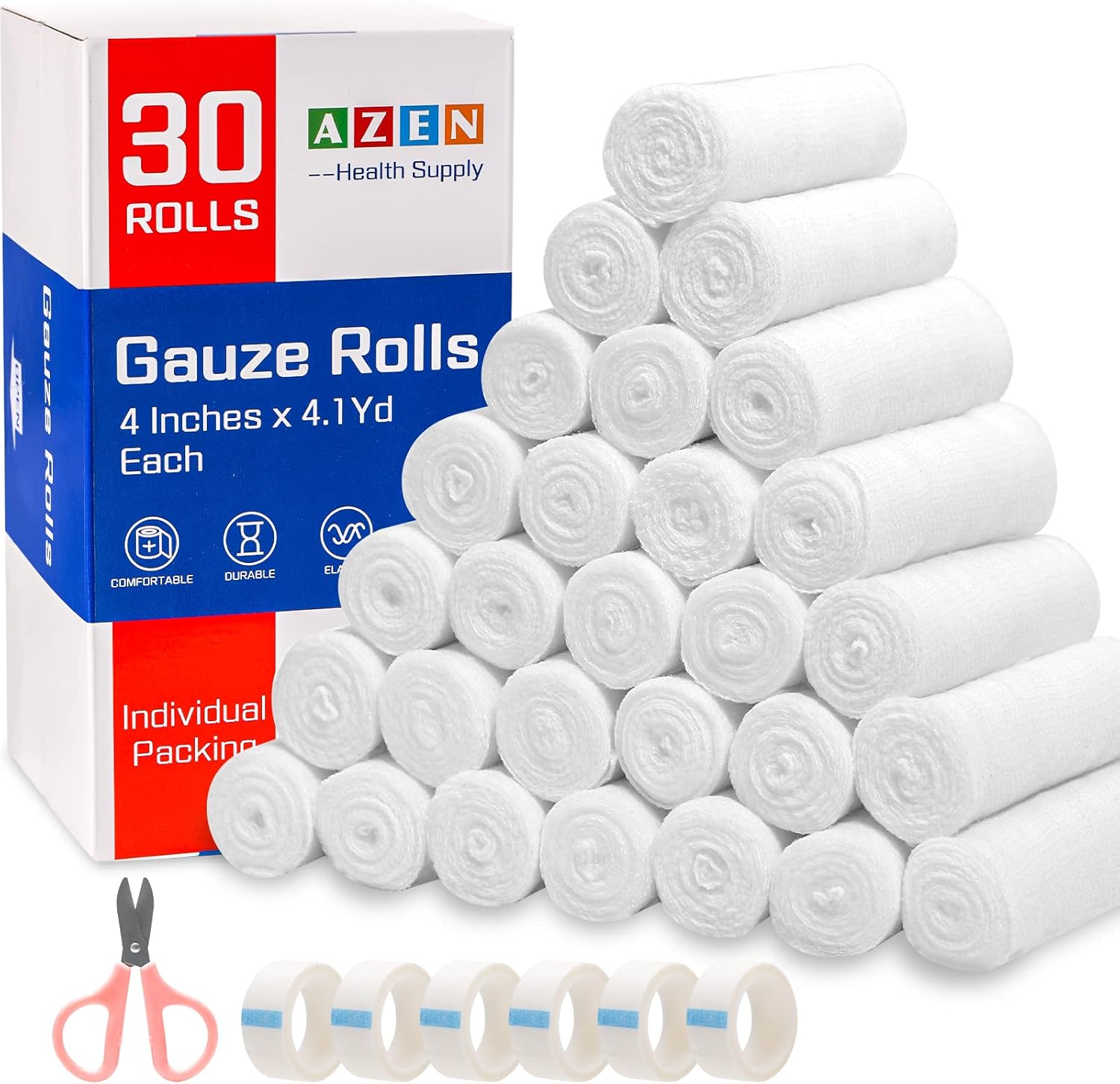 30 Pack Gauze Rolls Bandages, 4 in x 4.1 Yards, Premium Medical Supplies & First Aid Supplies, Bandage Wrap Vet Wrap