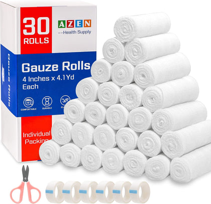 30 Pack Gauze Rolls Bandages, 4 in x 4.1 Yards, Premium Medical Supplies & First Aid Supplies, Bandage Wrap Vet Wrap