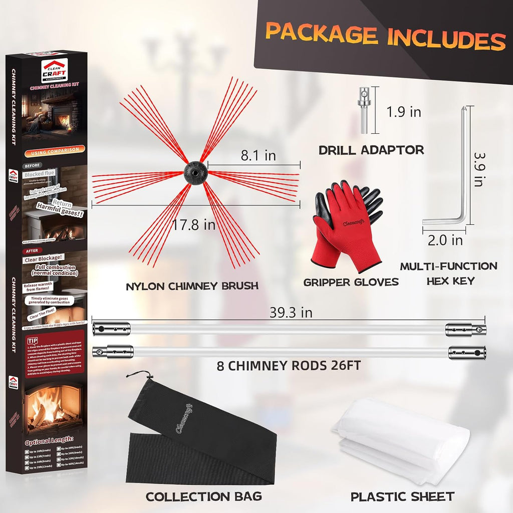 26 Feet Chimney Sweep Kit, Chimney Cleaning Kit with 8 Flexible White Chimney Rods, Chimney Brush, Rotary Chimney