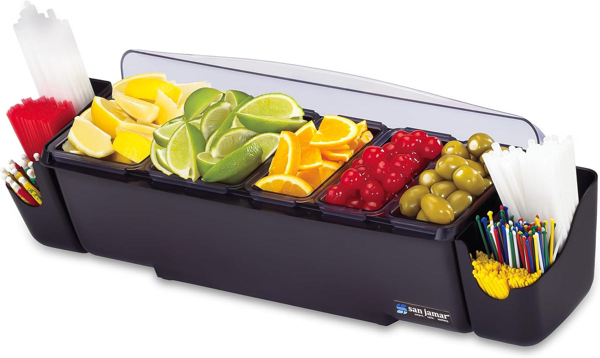 Dome Garnish Center 5 Tray with Caddies for Kitchen, Bar, And Restaurants, Plastic, 9 Pints, Black