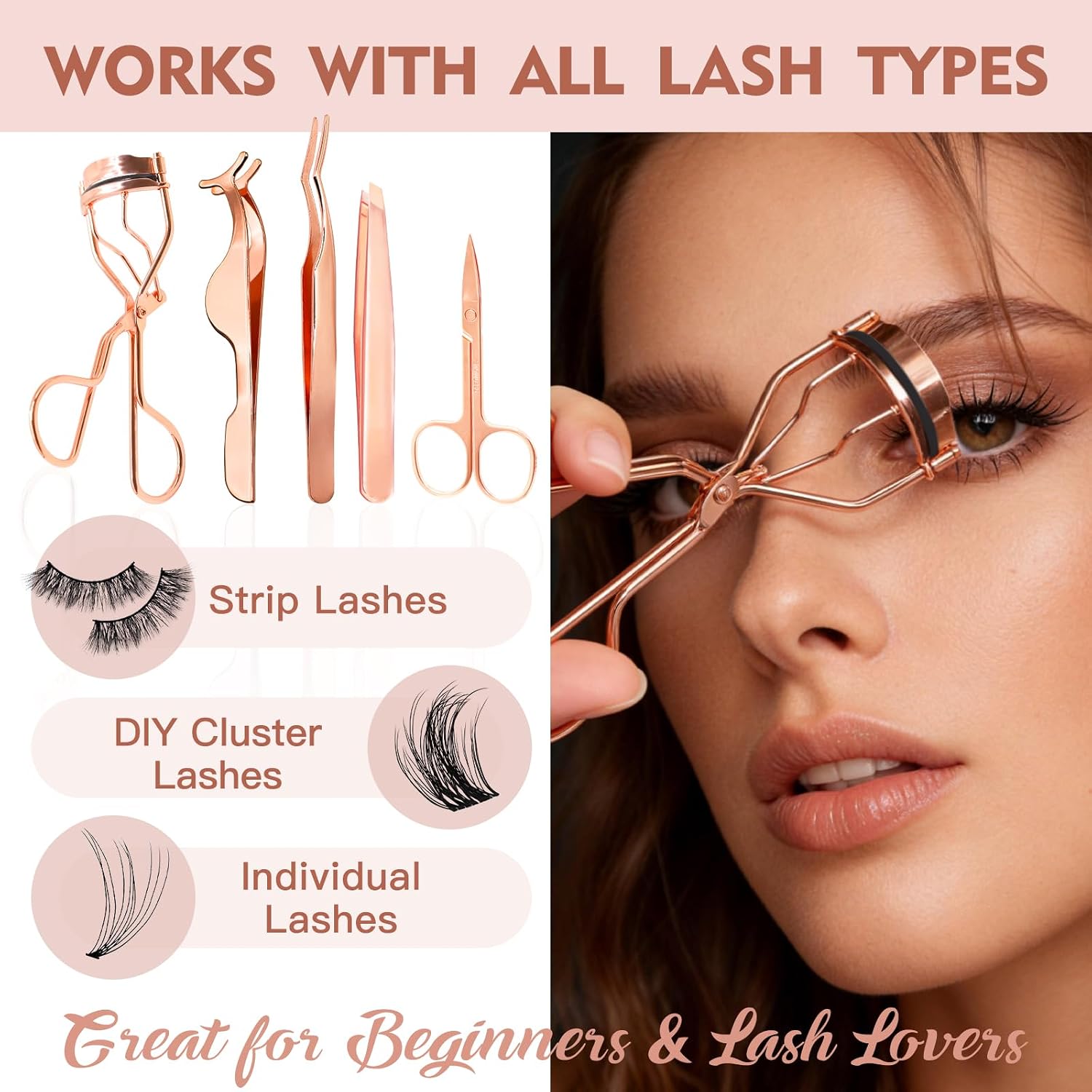 5-in-1 Lash Applicator Tool Kit, Lash Tweezers Set | Eyelash Applicator, Tweezers, Curler and Scissors for Easy False