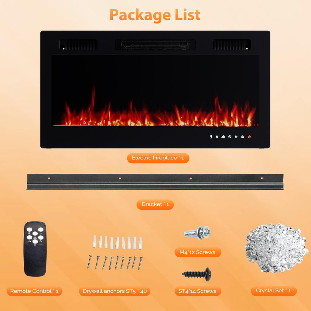 36 Inch Electric Fireplace with Remote, 1500W Wall Mounted & Recessed Fireplace with Timer, 12 Flame Color, 5
