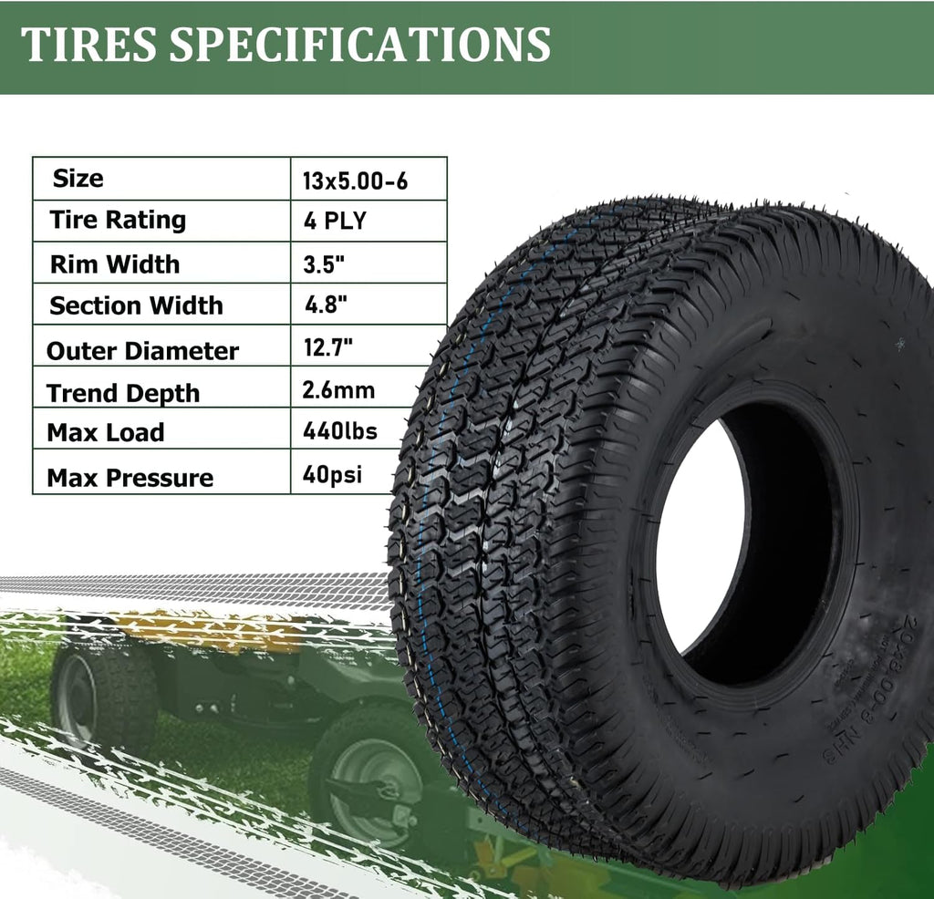13x5.00-6 Lawn Mower Tires (Set of 2), 4Ply Tubeless Turf Tires for Riding Mower Garden Tractor, Turf Saver Lawn