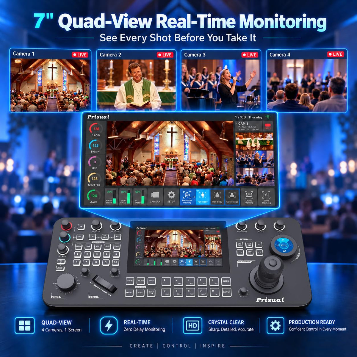 PRO AI Joy NDI PTZ Camera Controller, 7" Quad-View Touchscreen, AI Tracking Control, 4D Precision Joystick