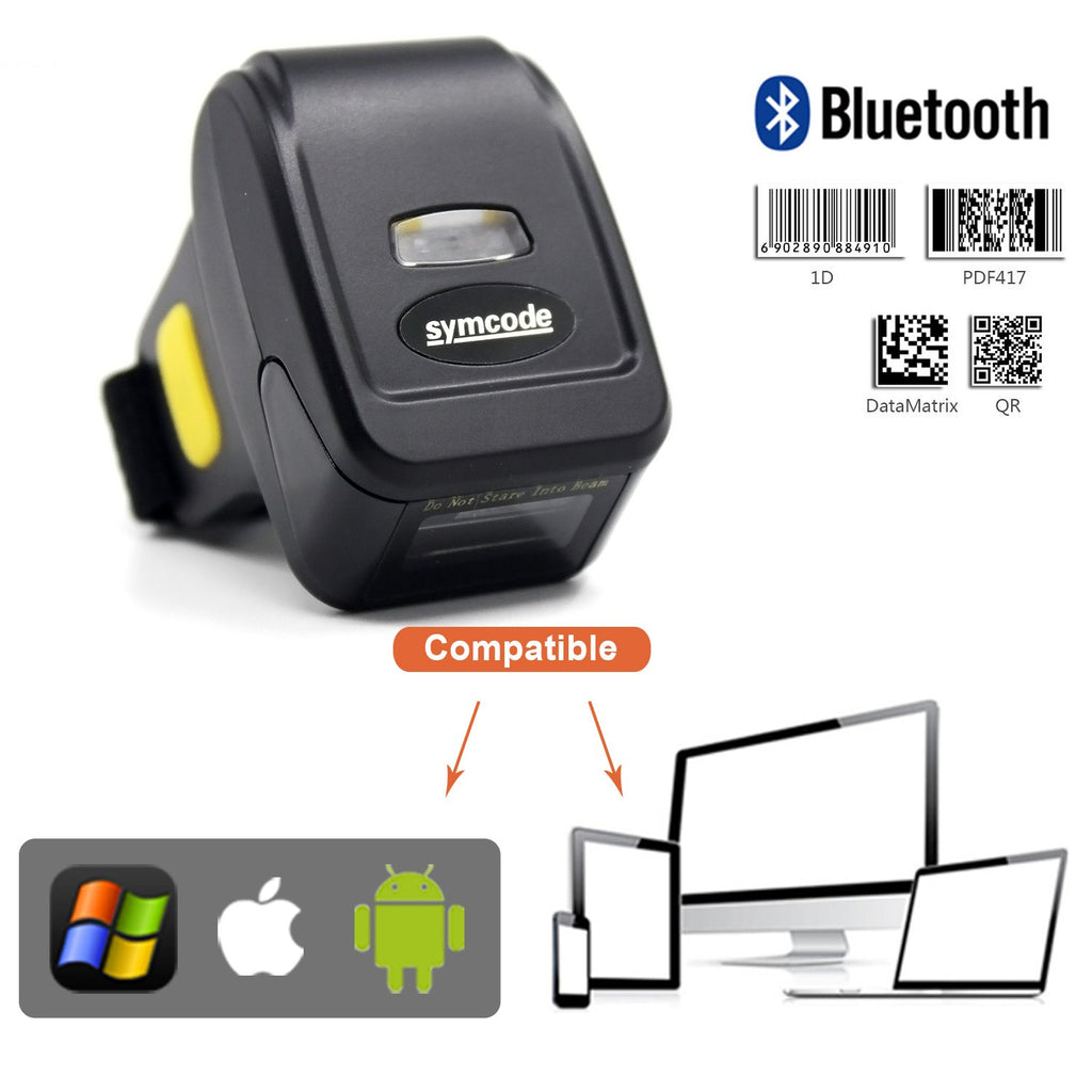 Bluetooth Ring 1D 2D QR Barcode Scanner,Wearable Wireless Finger Mini Bar Code Reader Scanner Compatible for Windows