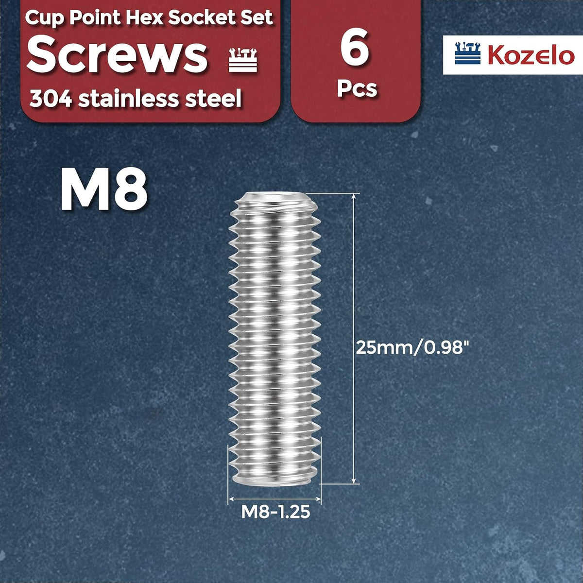 6pcs Cup Point Hex Socket Set Screws-M8-1.25x25mm 304 SS