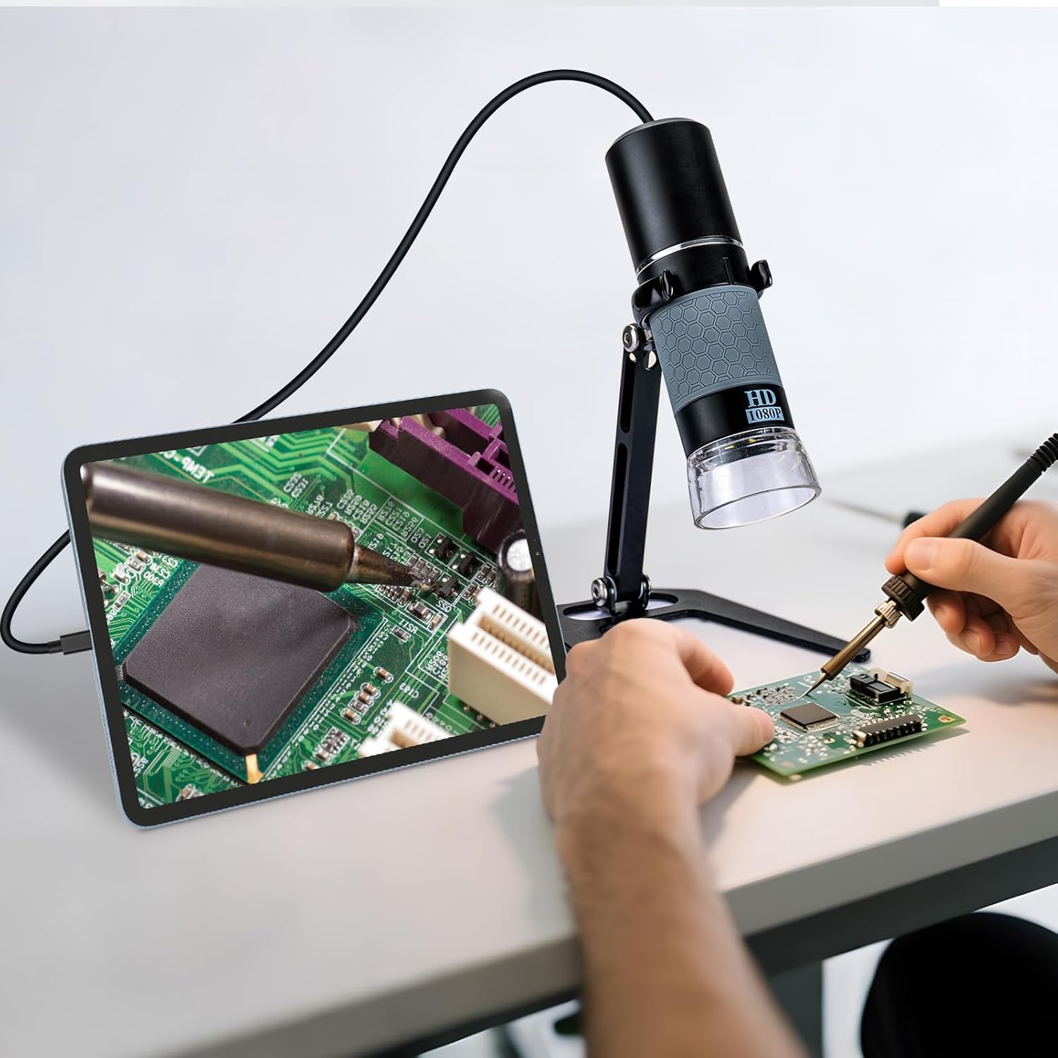1080P USB Digital Microscope with Metal Stand, 50X-1000X Handheld Microscope Camera with 8 LED Lights Compatible with