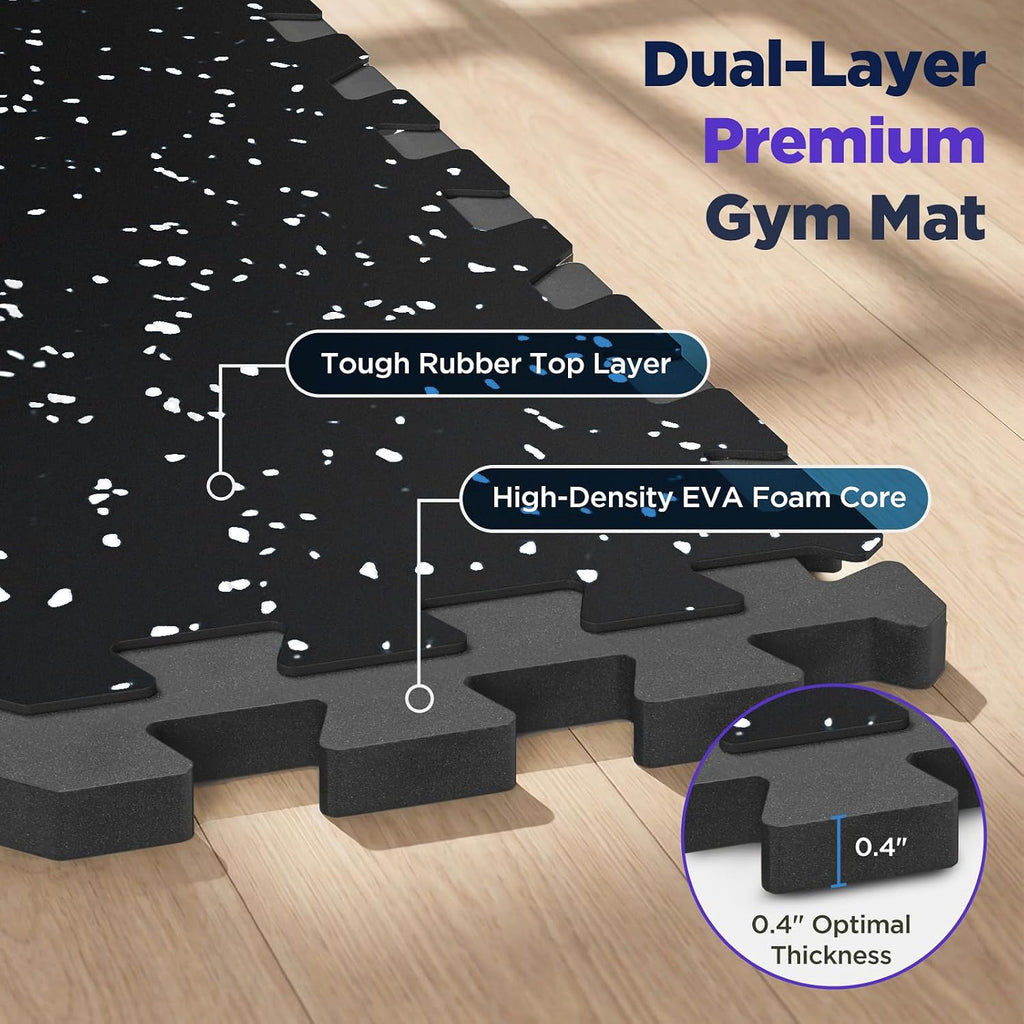 96 Sq Ft Rubber Top Gym Flooring for Home Gym, 24 Tiles High Density EVA Foam Exercise Equipment Mats, 0.4"