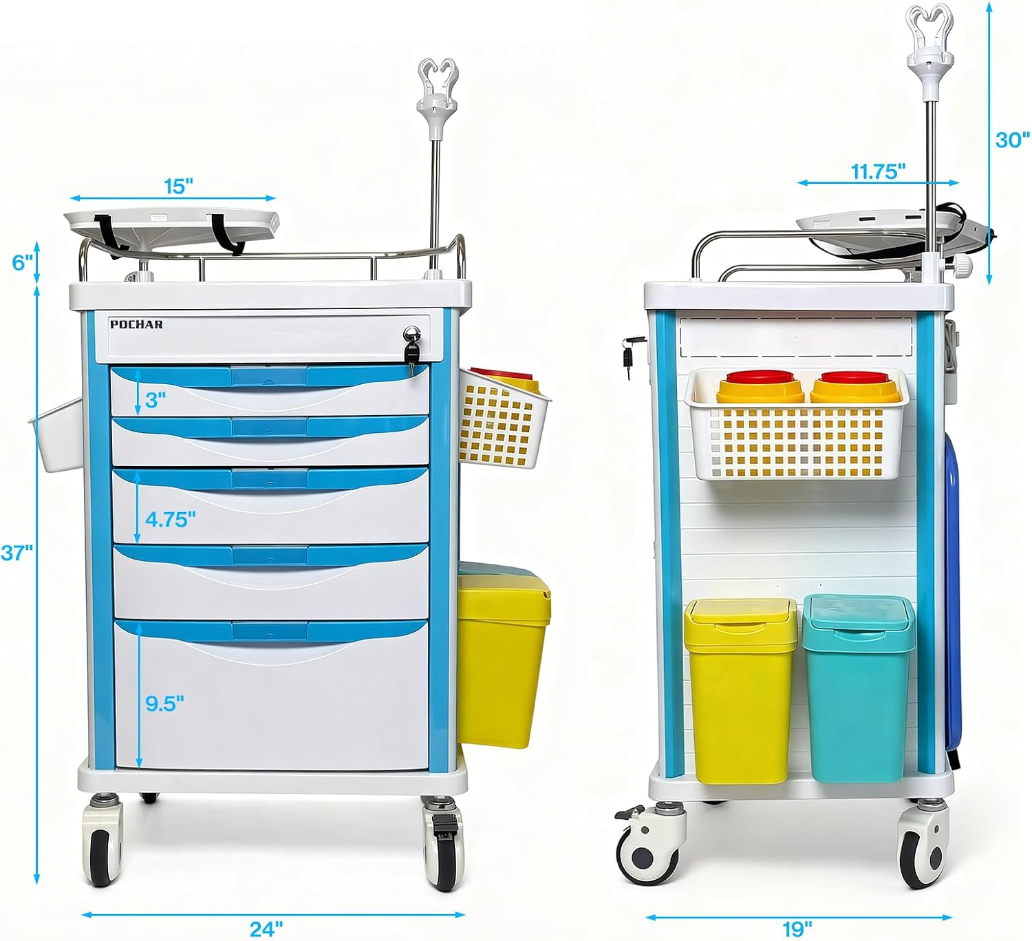 Medical Crash Cart with Emergency Accessory | 5-Tier Medical Storage Crash Cart with 4 Silent Wheels & 2 Trash Cans