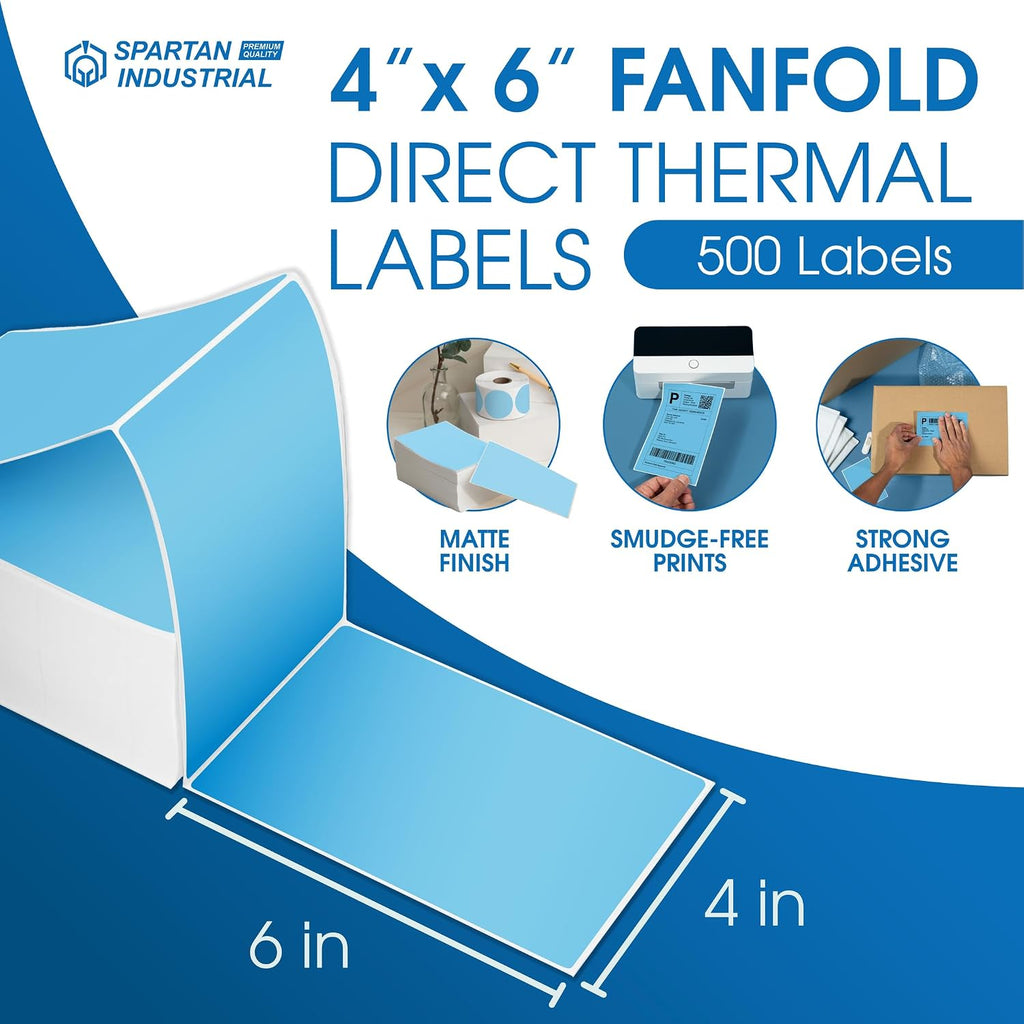 4" X 6" Blue Direct Thermal Fanfold Labels (500 Count, 1 Stack) - Printable | Postage Shipping Labels, Package