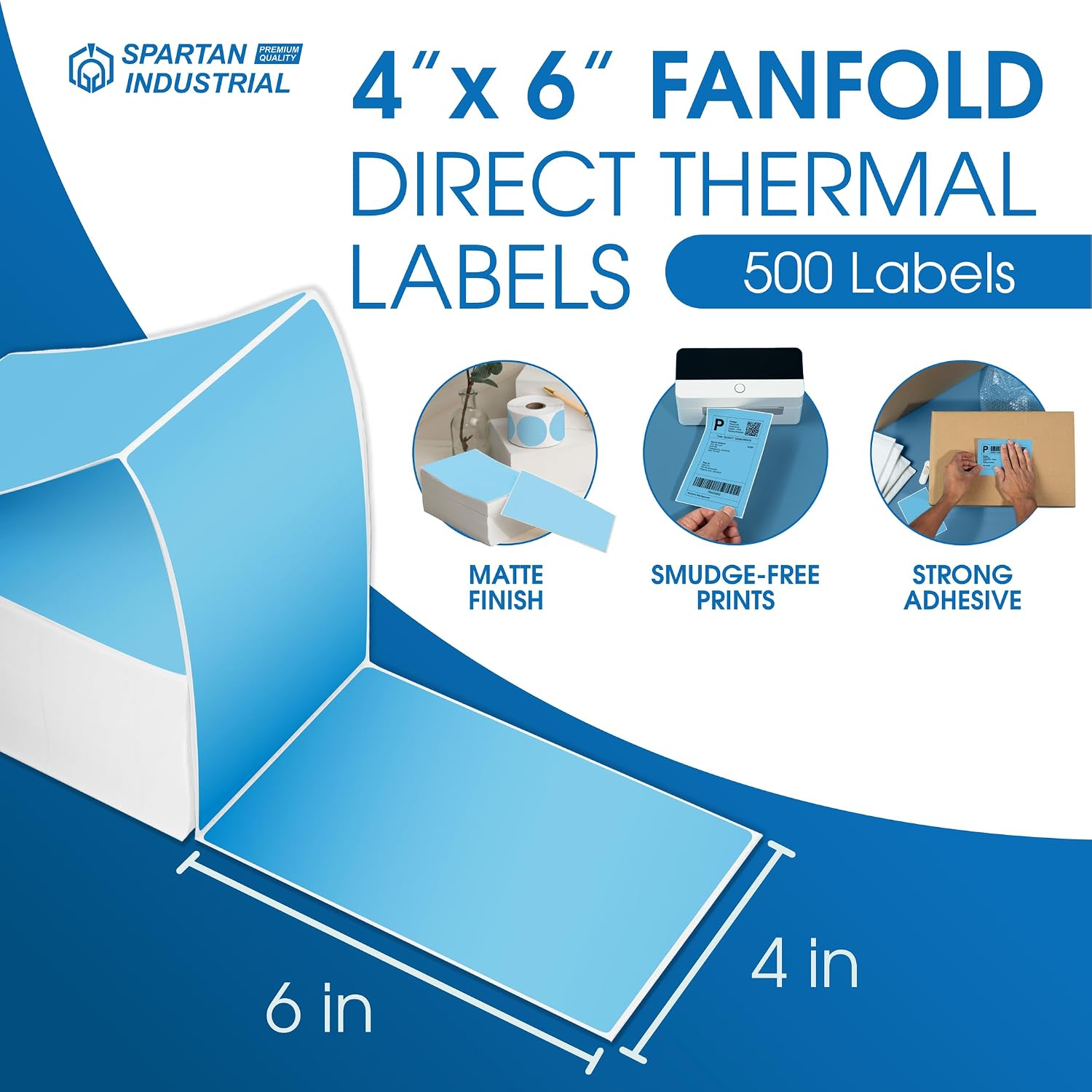 4" X 6" Blue Direct Thermal Fanfold Labels (500 Count, 1 Stack) - Printable | Postage Shipping Labels, Package