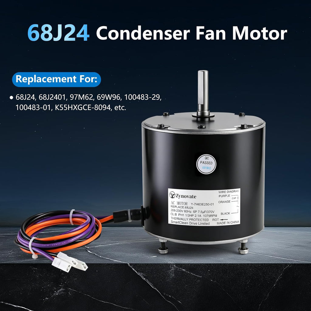 68J24 Condenser Fan Motor 1/3 HP 1075 RPM 208-230V 2.1A 60HZ AC Fan Motor