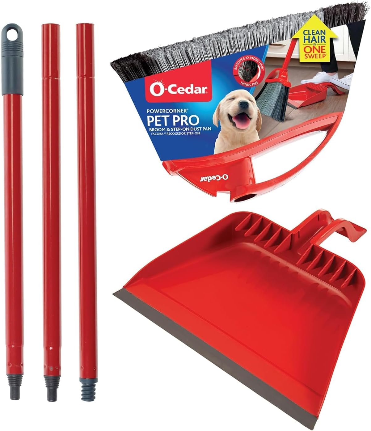 O-Cedar Pet Pro Broom with Step-On Dustpan | Remove 99% with One Sweep | Removes 3 Times More Pet Hair | Quiet