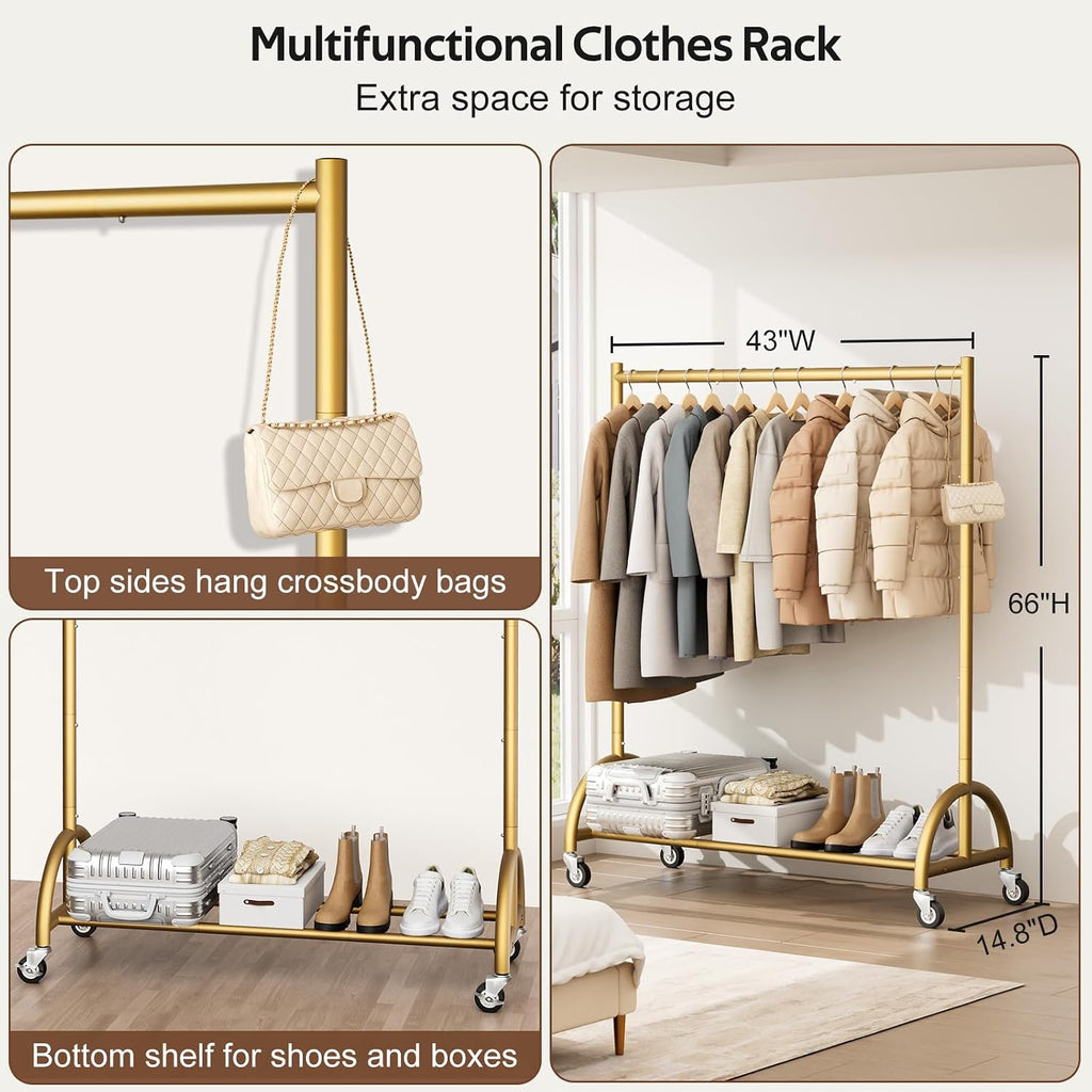 Heavy Duty Clothing Rack with Wheels Rolling Clothes Racks for Hanging Clothes, Coats, Garment, Dress, Gold