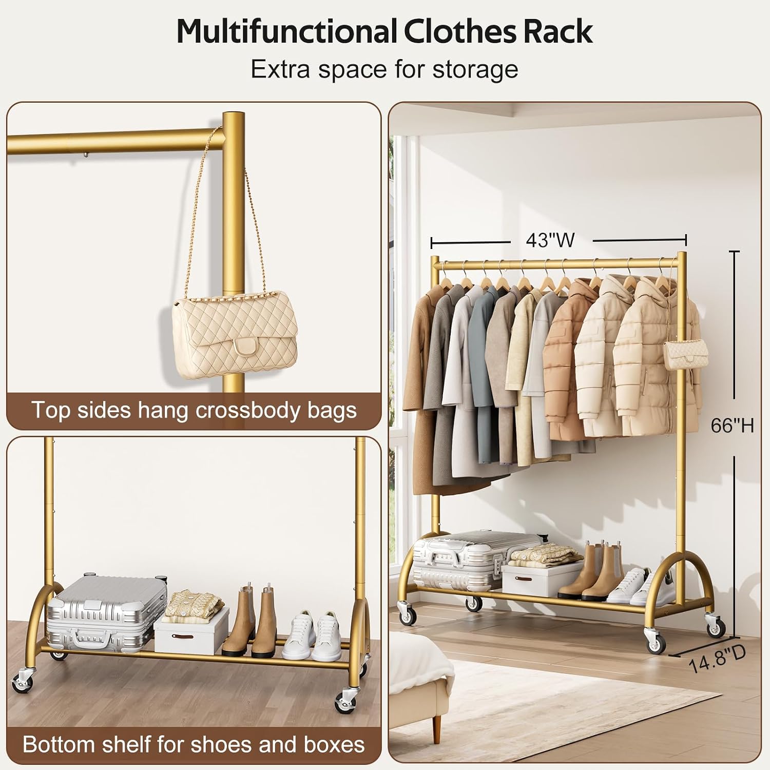 Heavy Duty Clothing Rack with Wheels Rolling Clothes Racks for Hanging Clothes, Coats, Garment, Dress, Gold