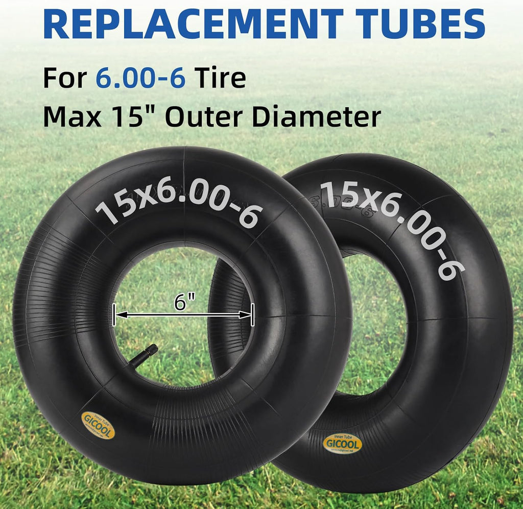15x6.00-6 Lawn Mower Tire Inner Tubes, TR-13 Valve Stem, 2 Pack | Heavy-Duty Inner Tubes, Fits for Ride-on Mower