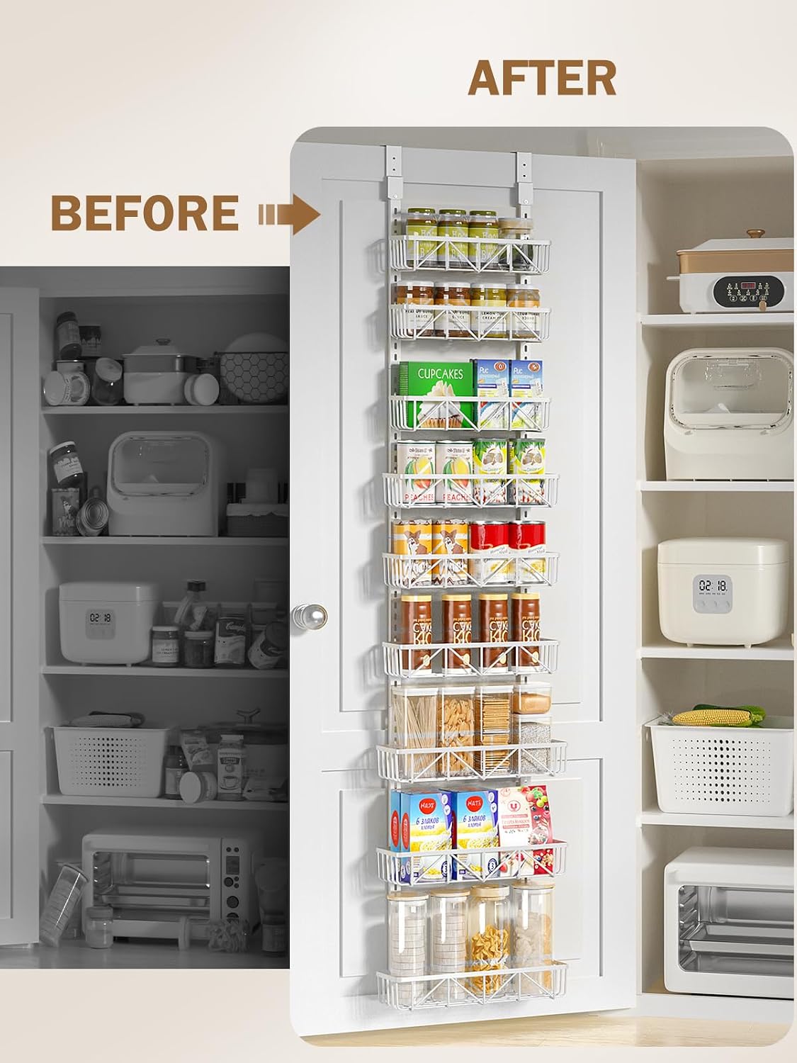 Narrow 9-Tier Over the Door Pantry Organizer, Adjustable Pantry Storage, Metal Hanging Spice Rack, Cabinet Door