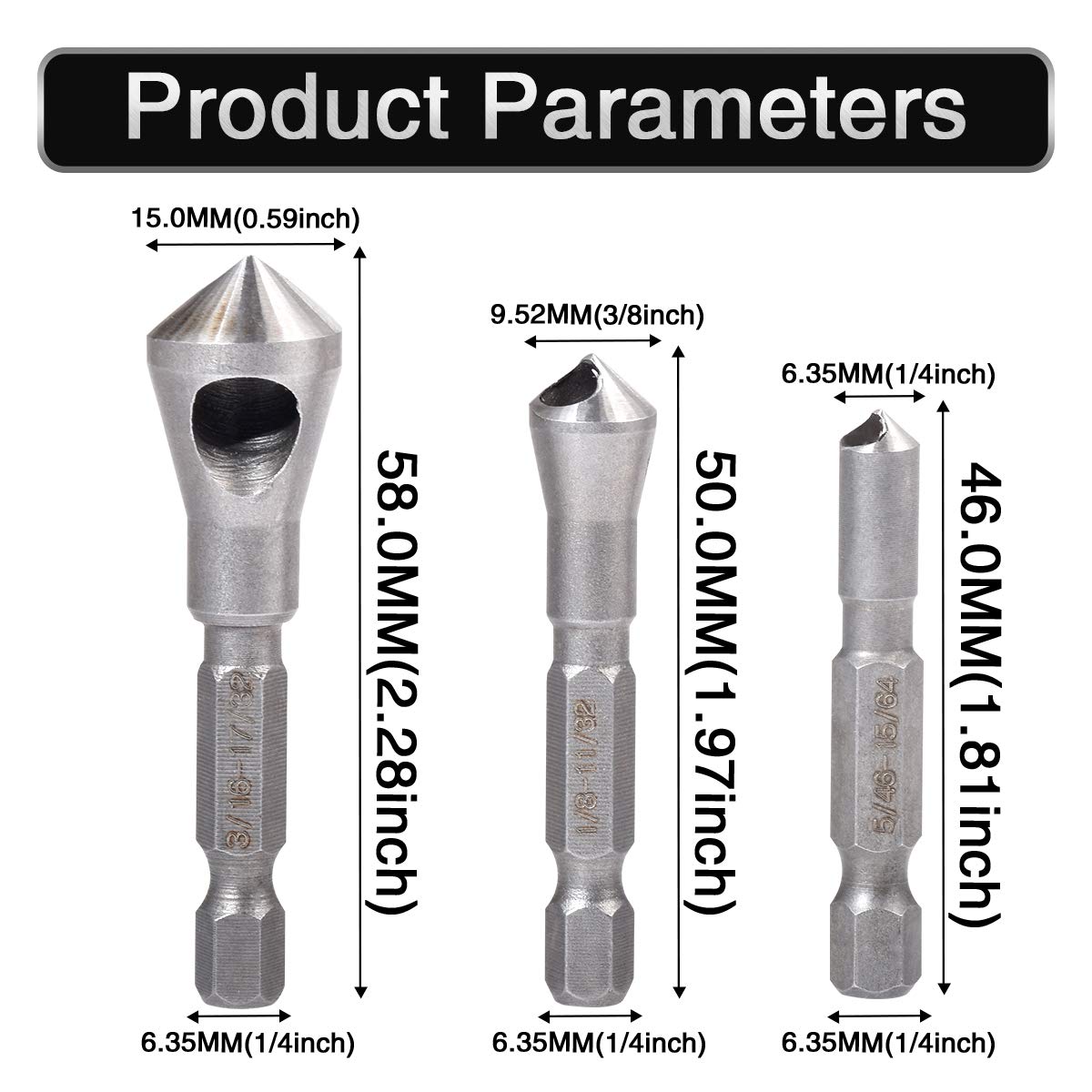 Countersink Deburring Tool Set Drill Bits 1/4 Hex Shank Chamfer Wood Countersink Deburring Drill Bit Tool 5/64 1/8 3/16 (Set of 3)