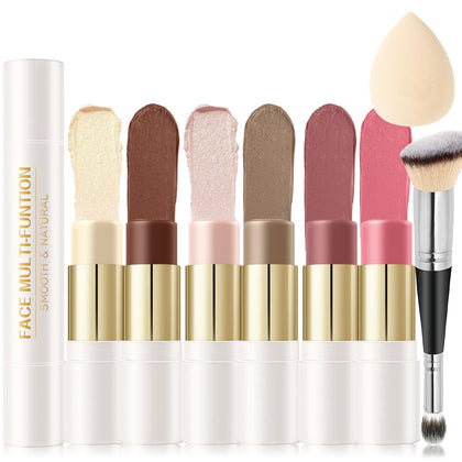 6 Colors Cream Contour Stick Makeup Contour Kit, Double-ended Cream Bronzer for Sculpt, Highlighter and Blush Stick