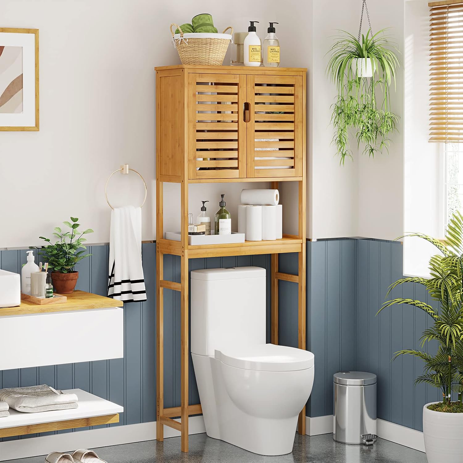 Over The Toilet Storage Cabinet, Tall Bathroom Cabinet Organizer with Cupboard and Adjustable Shelves, Freestanding