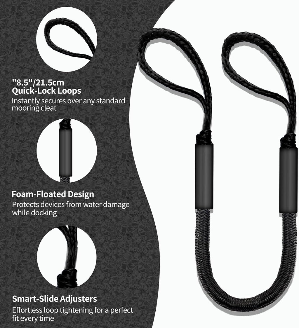 Bungee Dock Lines, Boat Tie Downs for Docking, 2-Pack, Black, 4FT