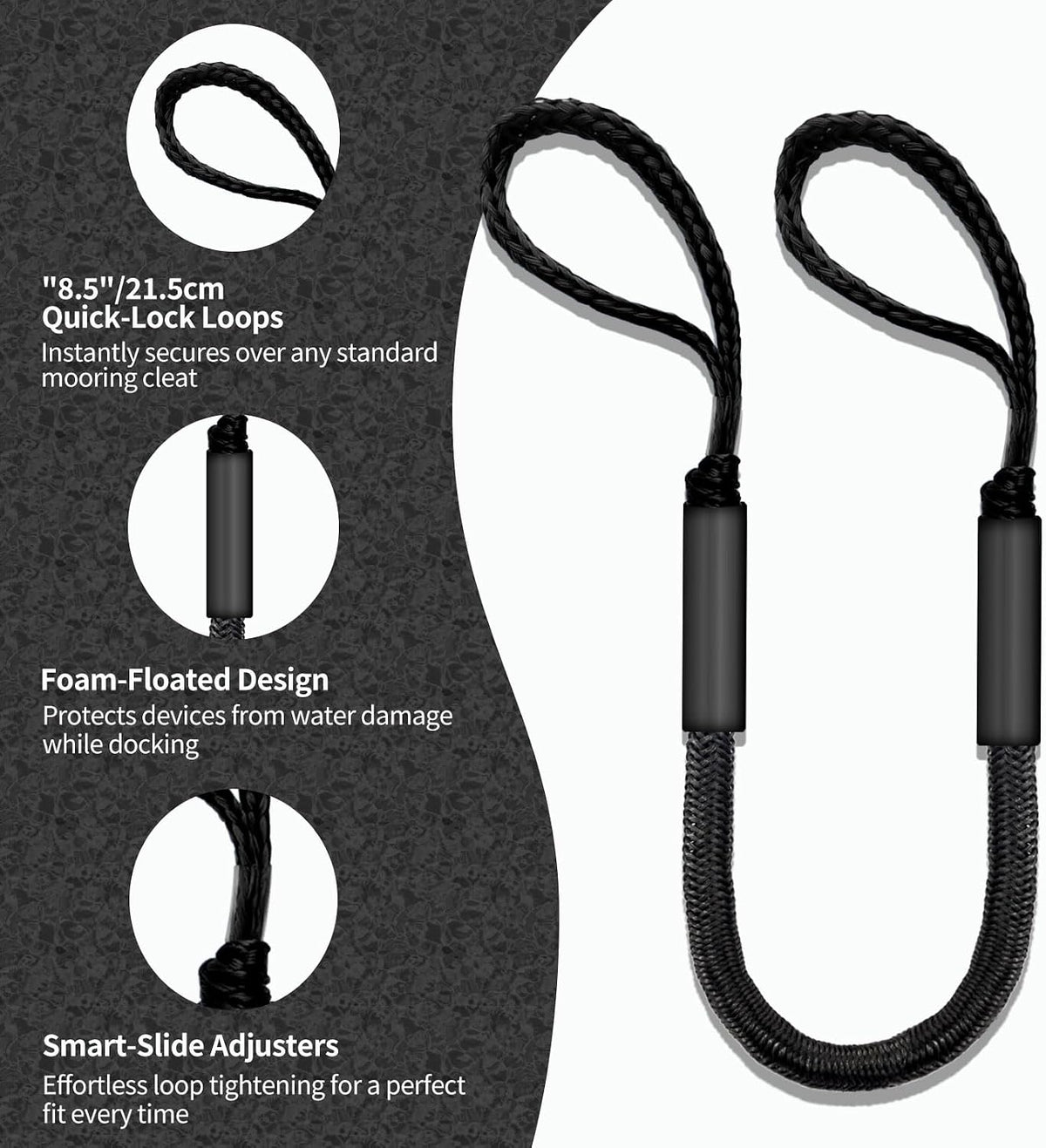 Bungee Dock Lines, Boat Tie Downs for Docking, 2-Pack, Black, 4FT