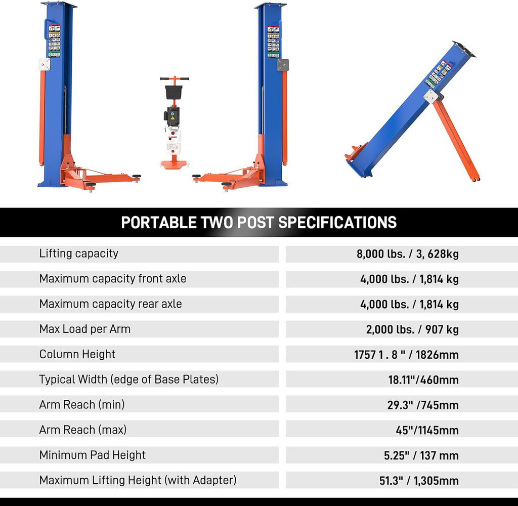 Portable Two Post Car Lift 8000 LBS Capacity, 220V Electric Lock, Movable Garage Car Lift for Home Garage & Workshop