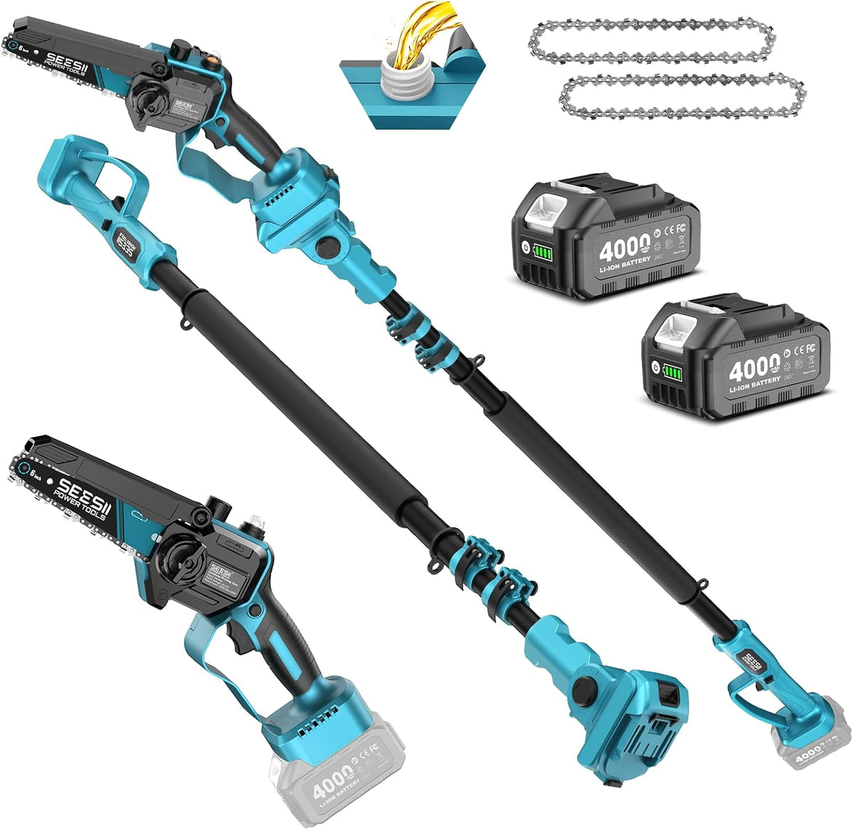 2-in-1 Cordless Pole Saws & Mini Chainsaw 6 Inch for Tree Trimming | 2 x 4000mAh Batteries, Handheld Cutter with 10FT