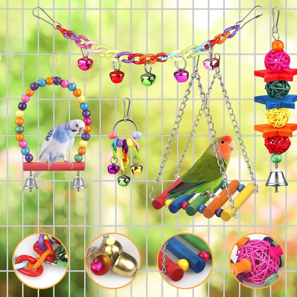 Bird Toys for Conures with Colorful Ladder Hammock Bird Cage Accerious Bird Perch Stand Chewing Toys Hanging Bell for