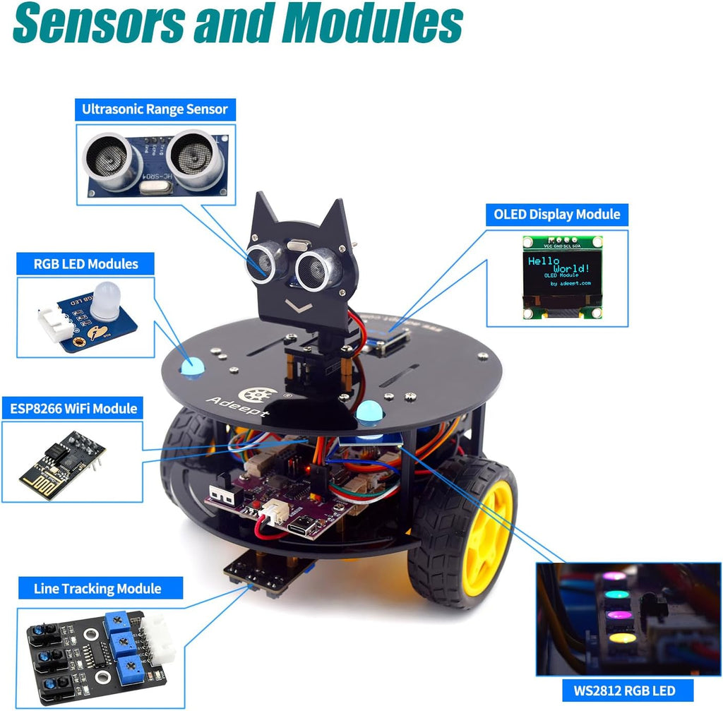 Smart Car Kit Compatible with Arduino IDE, STEM Educational Robotics | Line Tracking, Obstacle Avoidance, OLED