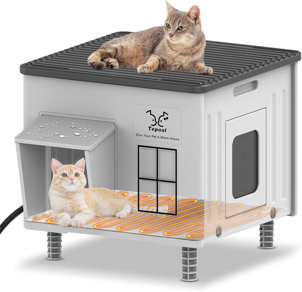 17.7"x17"x17.5" Indestructible Heated Cat House for Outside Winter, Weatherproof Outside Cats Shelter with Safety
