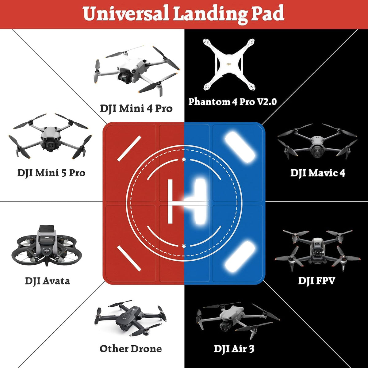 Nighttime Reflective Drone Landing Pad, Fast-fold Double Sided Waterproof Landig Pad Weighted for DJI Lito X1/Mini 5