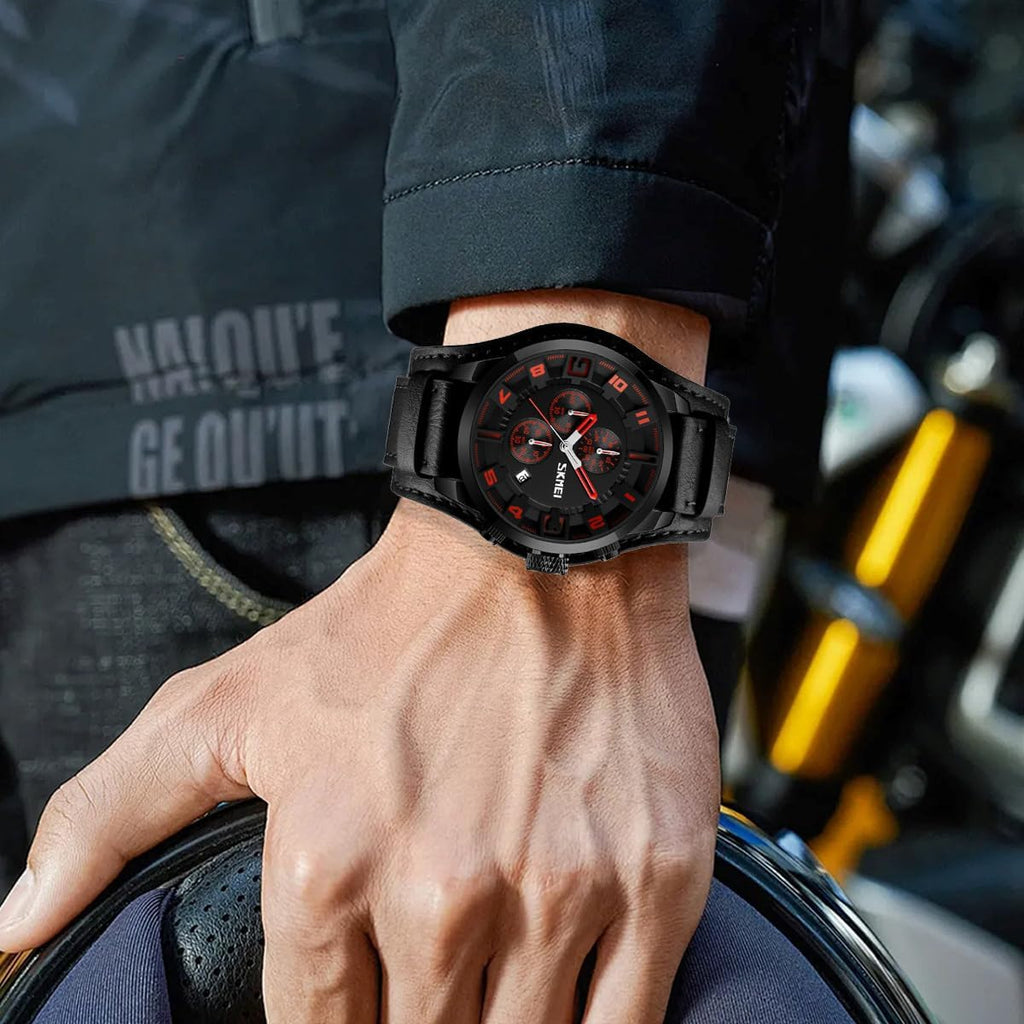 Mens Wide Leather Cuff Sport Watch for Men Large Dial 47mm Analog Quartz Watches Waterproof Chronograph Watch