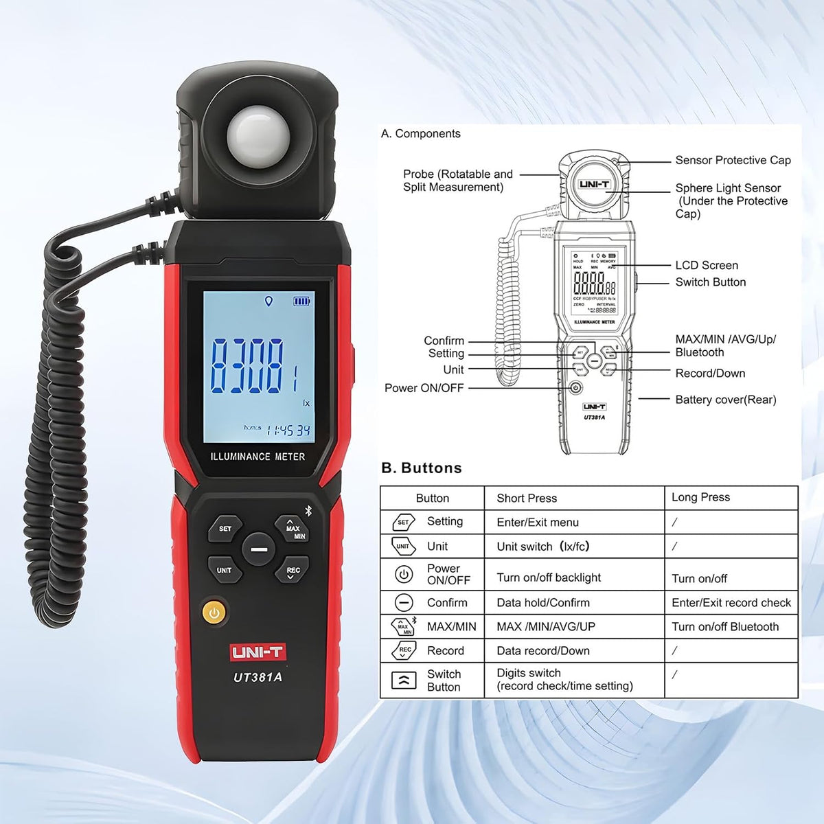 UNI-T UT381A Digital Illuminance Meter, 400000 Lux Light Meter