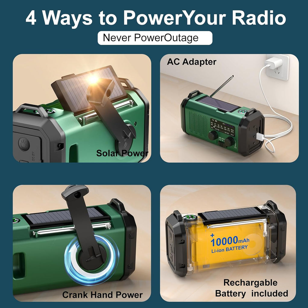 Hand Crank Emergency Radio, NOAA Weather Radio AM/FM,10000mAh | Solar Power Bank,Rechargeable Battery Powered, USB-C