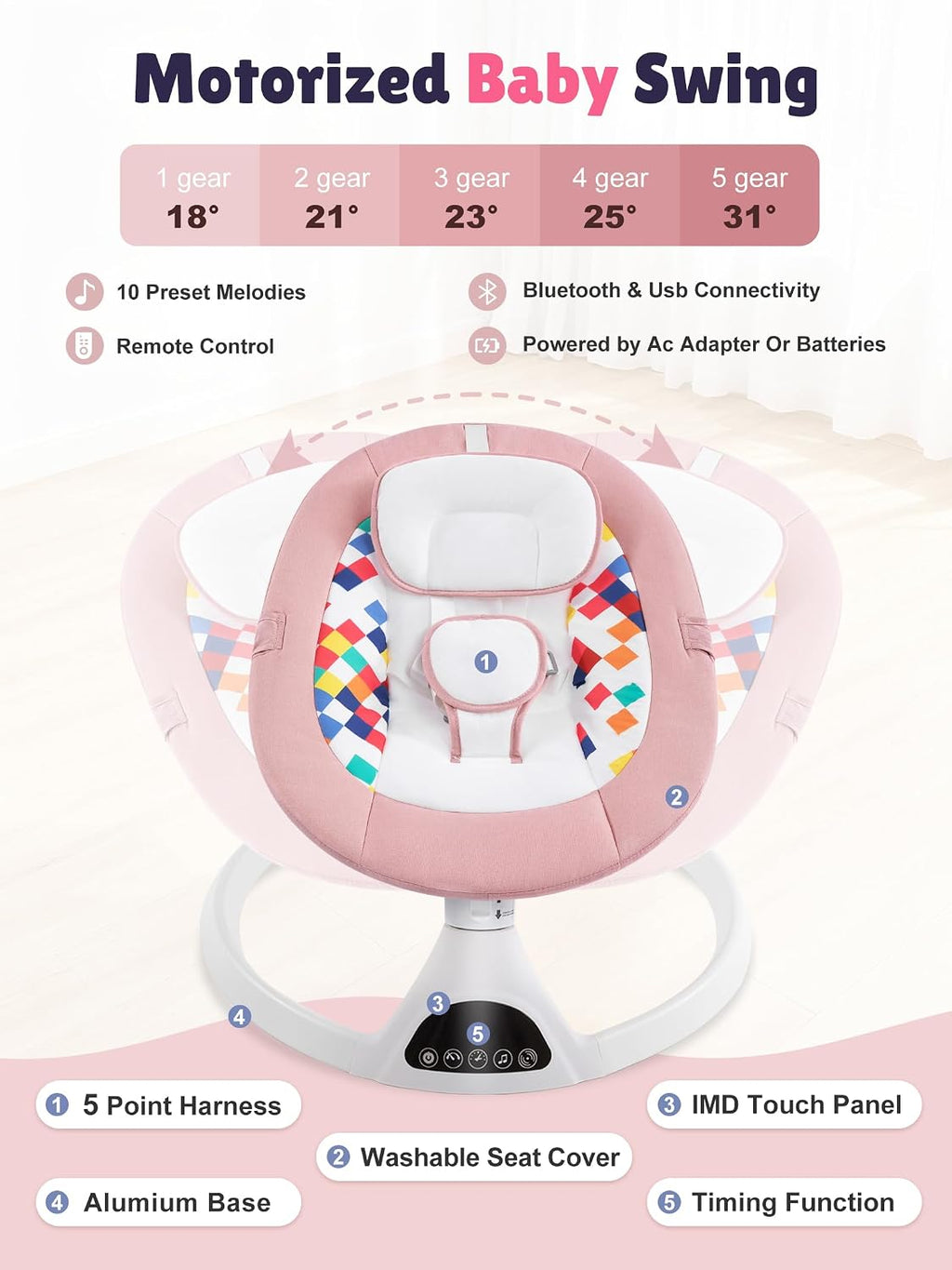 Baby Swing for Infants - Electric Portable Bluetooth Baby Rocker with 5 Speeds, 5-Point Harness, Remote Control