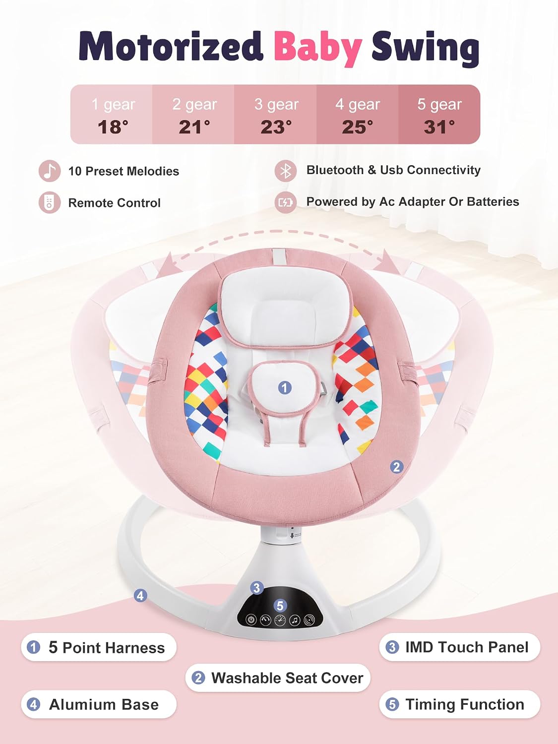Baby Swing for Infants - Electric Portable Bluetooth Baby Rocker with 5 Speeds, 5-Point Harness, Remote Control
