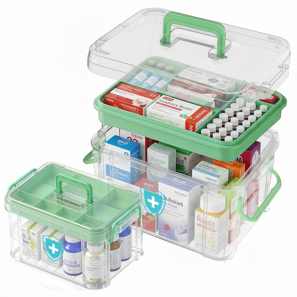 2 Pack Clear Medicine Organizer Box with Handle, Plastic Medicine Container with Tray First Aid Box Empty, Thickened