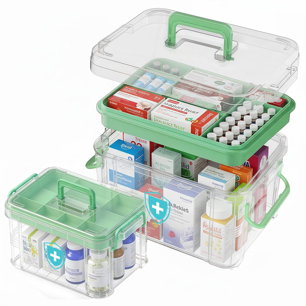 2 Pack Clear Medicine Organizer Box with Handle, Plastic Medicine Container with Tray First Aid Box Empty, Thickened
