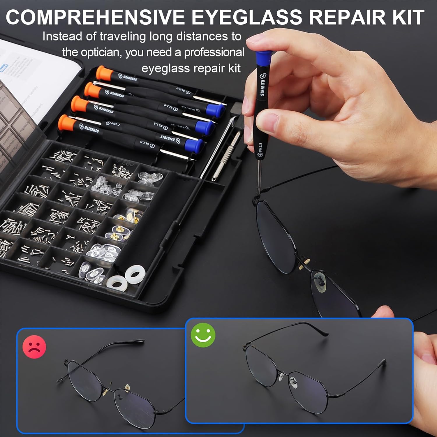 Glasses Repair Kit, All-in-One Eyeglass Repair Kit | 16 Sizes of Screws, 12 Pairs of Nose Pads & Tweezer, Precision