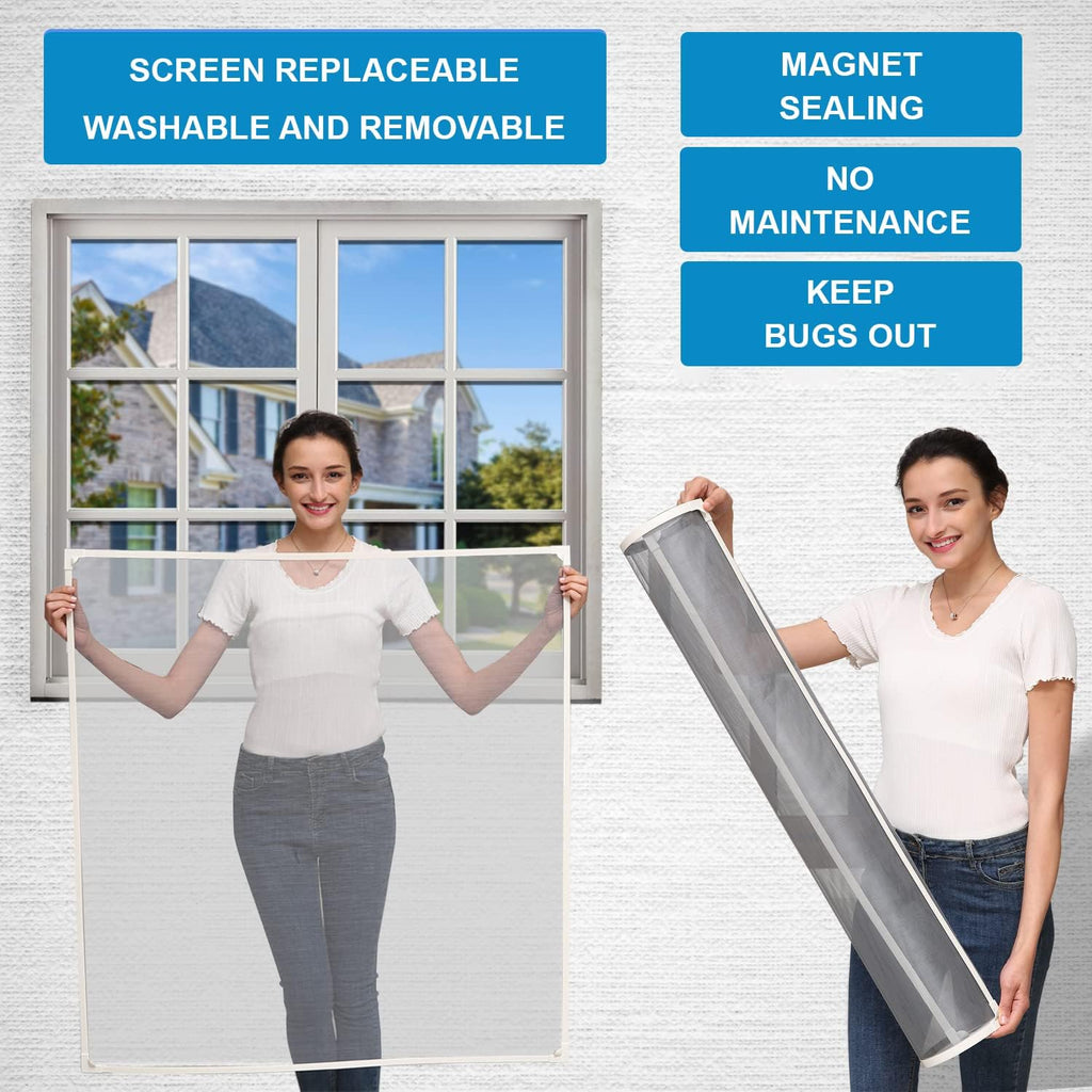 Adjustable DIY Magnetic Window Screen Max 55InchH x 36InchW Fits Any Size Smaller with White Frame Fiberglass Mesh