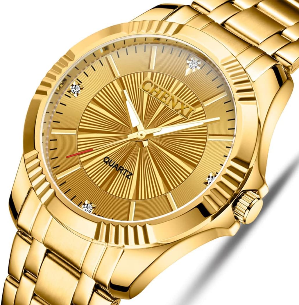 Diamante Dial Fashion Casual Mens Gold Watch Quartz Stainless Steel Water Resistant Wrist Watch