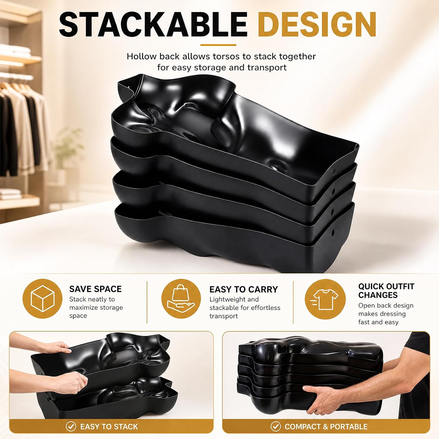 2 Pack Male Mannequin Torso Half Body Mannequin with Stand and Hanging Hook Stackable Dress Form Hollow Back for