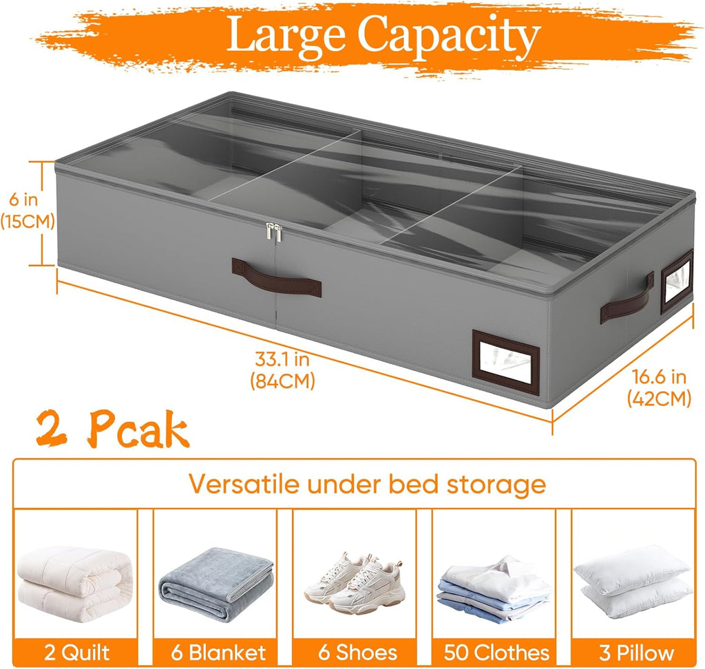 2 Pack 53L Under Bed Storage with Adjustable Dividers, 6" Low Profile Underbed Storage Bins for Comforters & Clothes